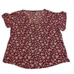 Bloom Chic Floral Button-Up Blouse - Burgundy Cream Large